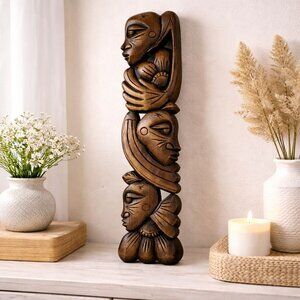 Hand-Carved Wooden Tribal Wall Art Sculpture With Four Faces 24" Tall Rustic Dec